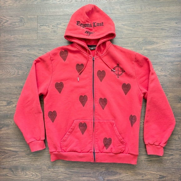 NYC Beyond Lost Embroidered Red & Black Heart Detailed Full Zip Hoodie Women’s L - Picture 1 of 7